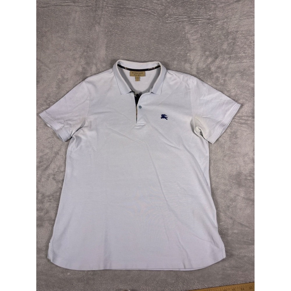 Burberry Polo Mens L White Embroidered Check Plaid Pique Knit Texture